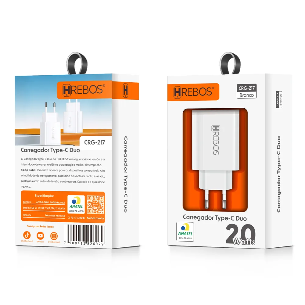 CARREGADOR TIPO-C DUO COM CABO TIPO C CRG-217C - HREBOS