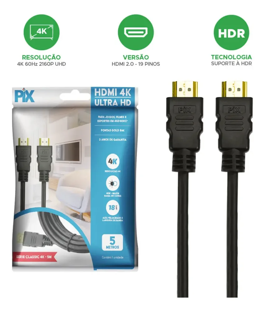 CABO HDMI V2.0 (M) X (M) 4K HDR 3D 5METROS PIX 018-2225